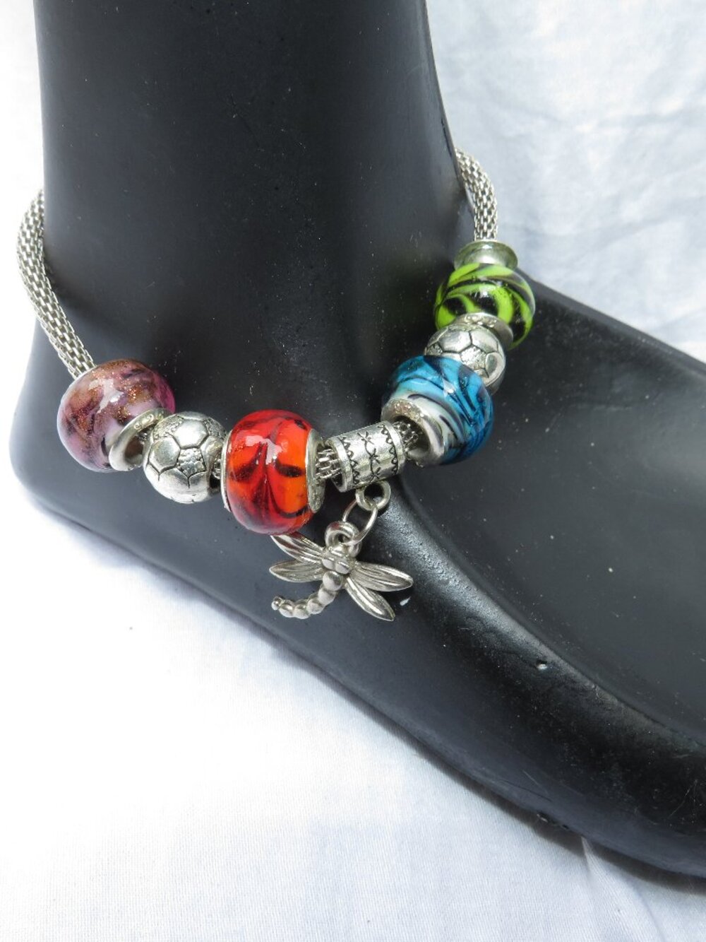 Sterling Silver Dragonfly Charm Anklet Glass Beads Silver Multicolor 8 In 925